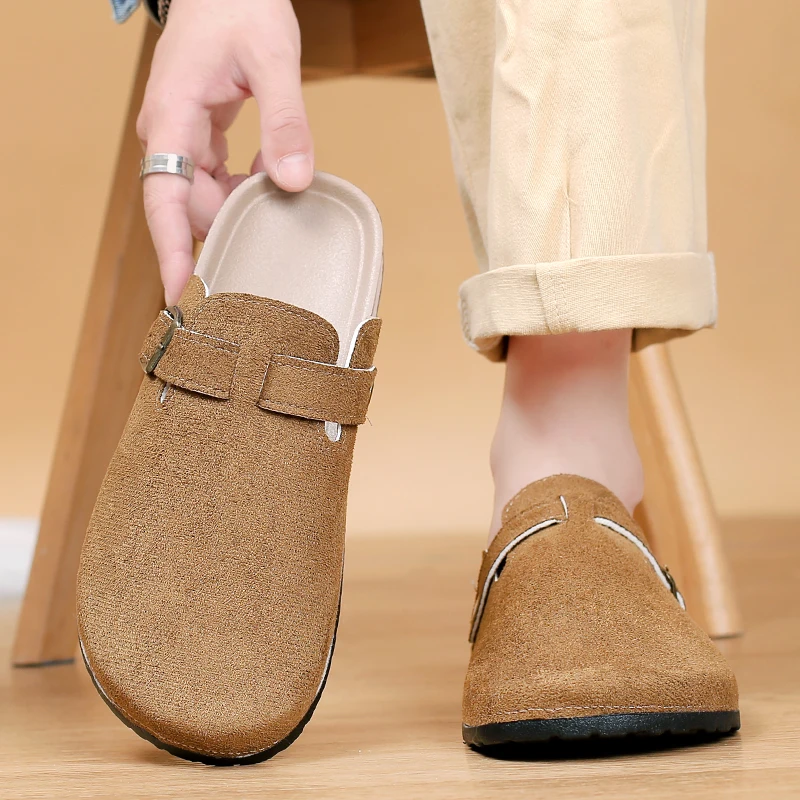 Fashion Women's Suede Mules Slippers Men Clogs Cork Insole Sandals with Arch Support Outdoor Beach Slides Home Shoes