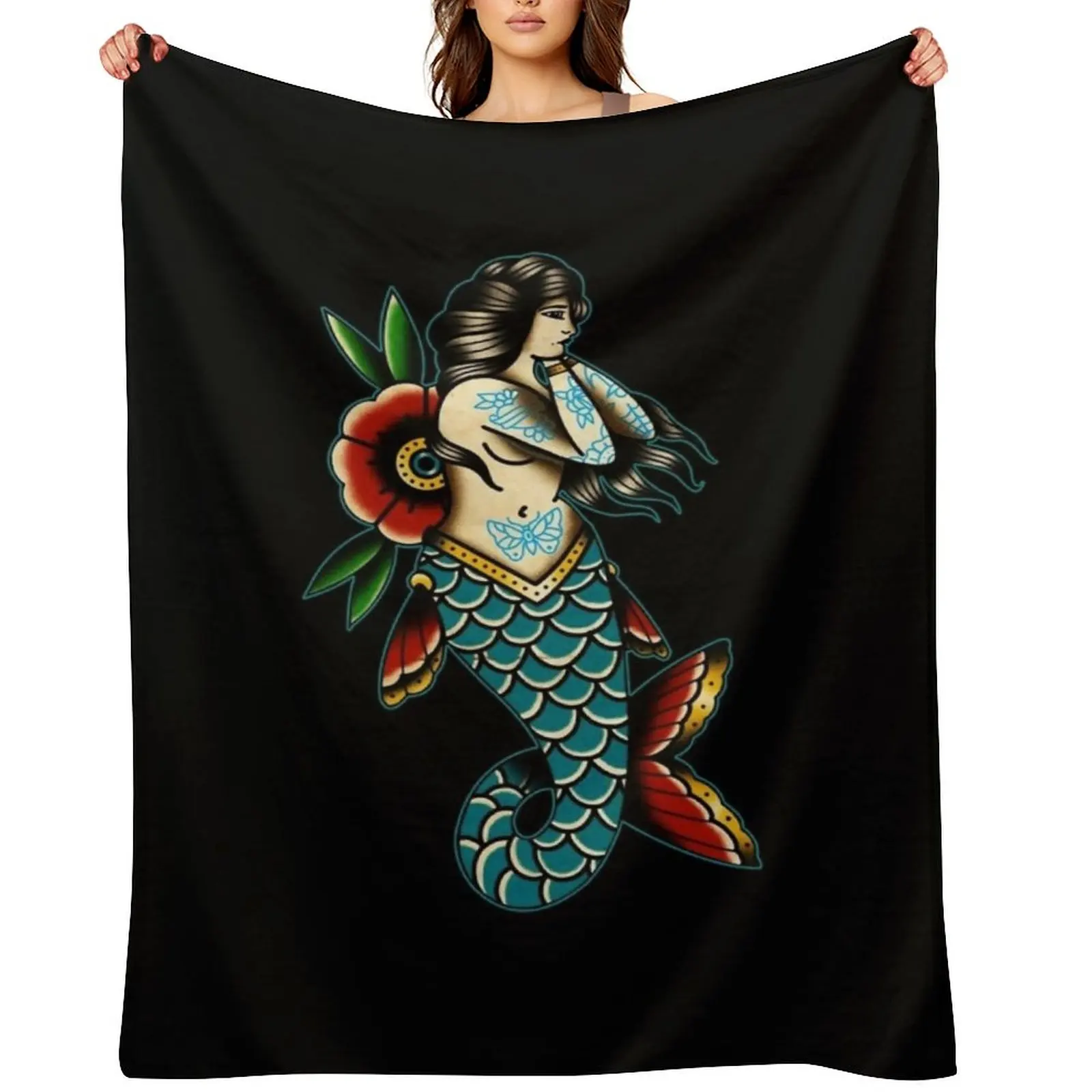 Sailor Jerry Mermaid Throw Blanket Soft Plaid Thermals For Travel Soft Big Luxury Throw Retros Sofas Blankets
