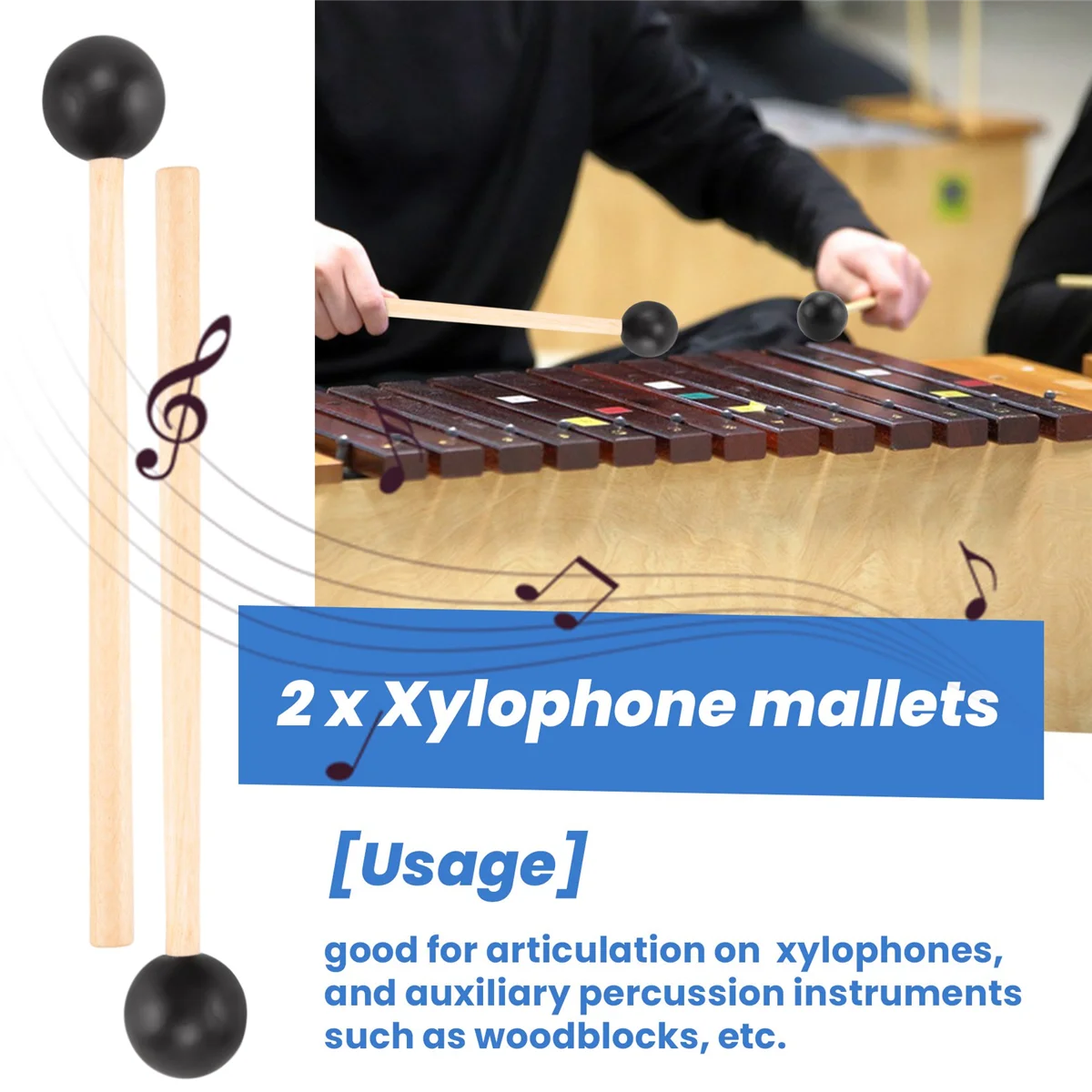A24R 2 قطعة عصي رأس مطاطية ناعمة مقبض خشبي مطارق جرس لـ Glockenspiel إكسيليفون جرس أدوات الموسيقى أجزاء أسود
