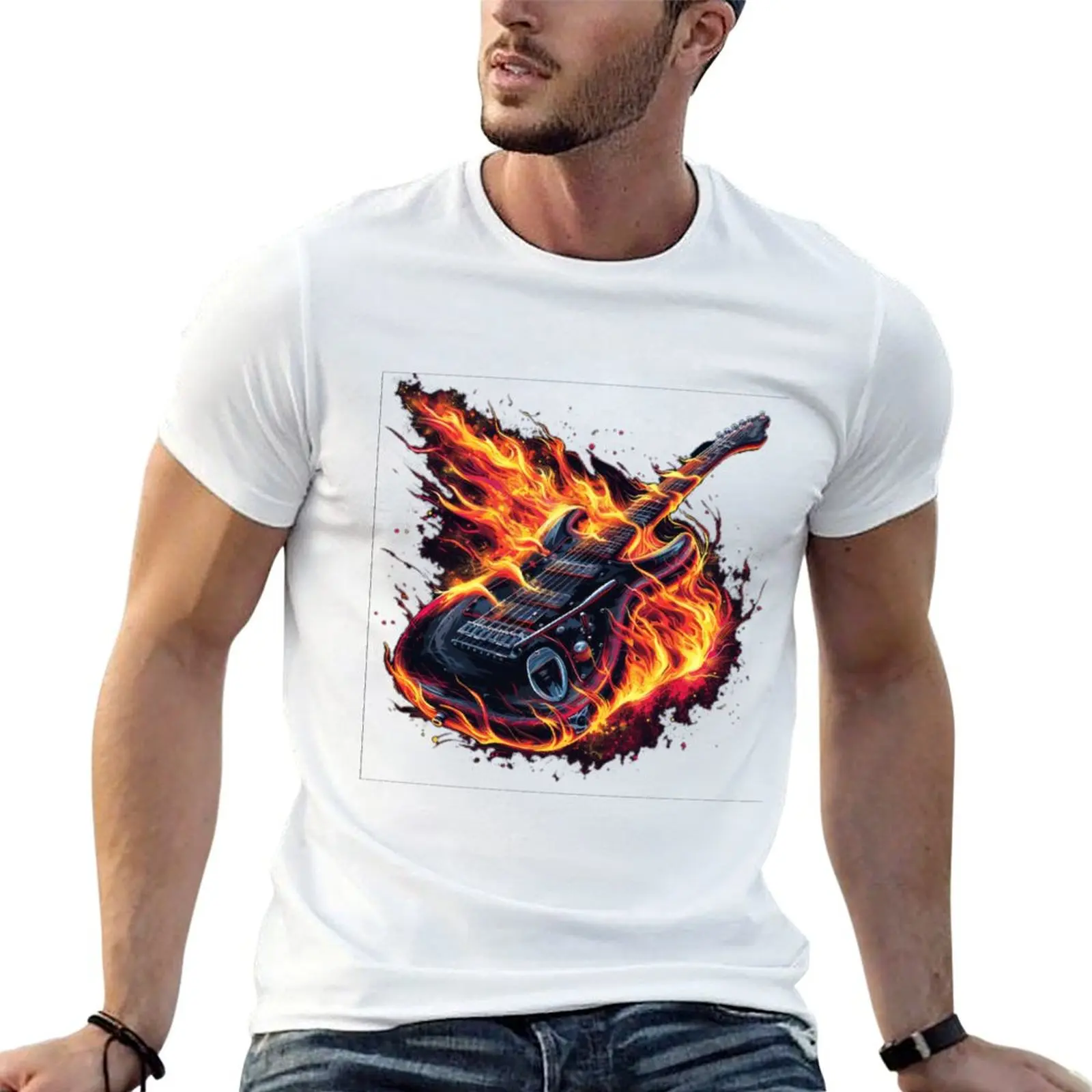 Electric Guitar Inferno T-Shirt All Match Basic Short Sleeve Top