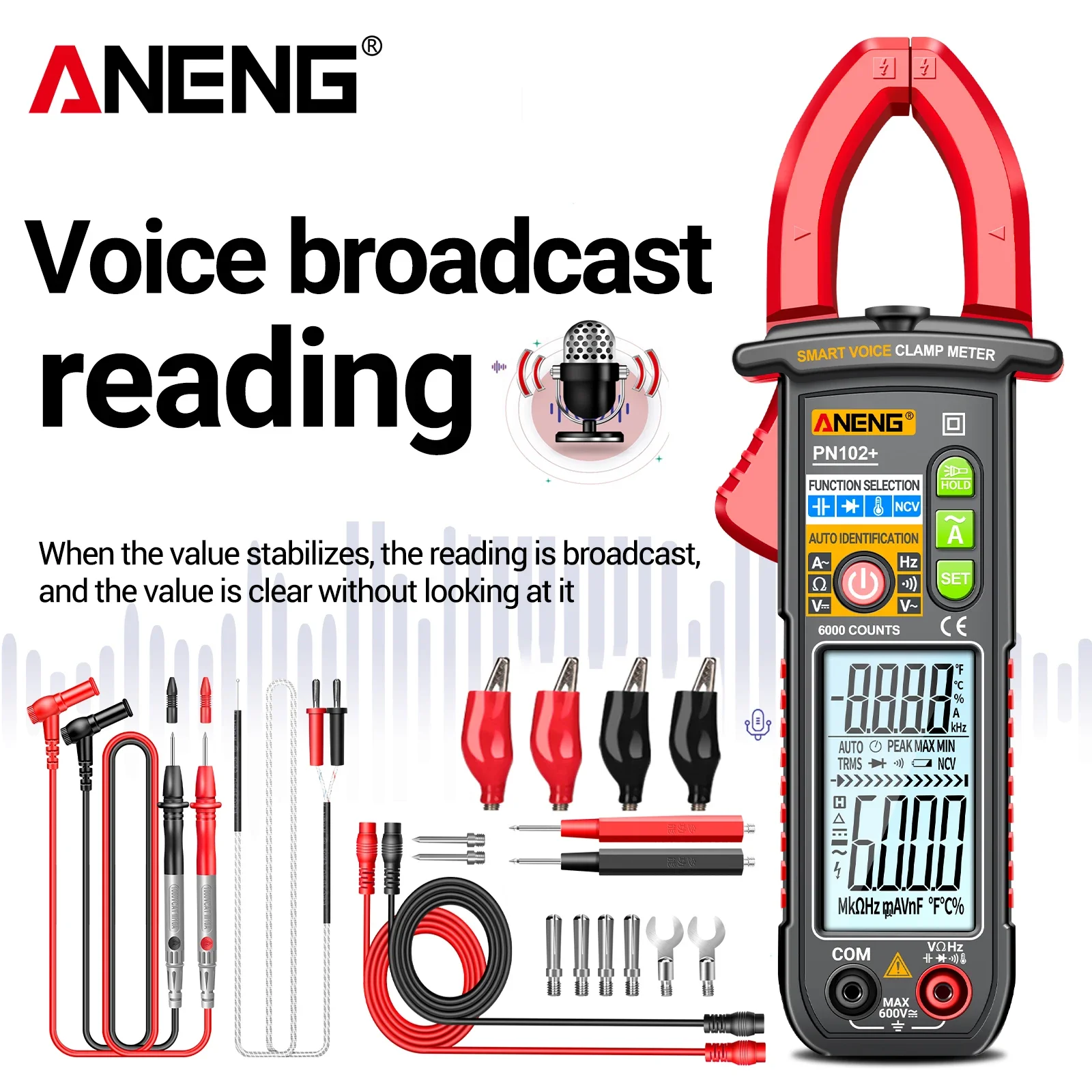 aneng pn102 mais voz inteligente clamp meter auto ranging multimetro ac dc medidor de tensao diodo hz tester atual 6000 contagens 01