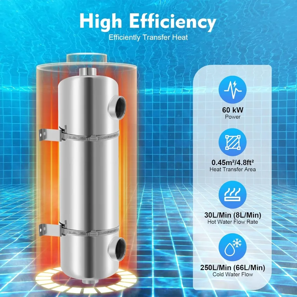 مبادل حراري لحمام السباحة، مبادل حراري أنبوب غلاف من الفولاذ المقاوم للصدأ 200 كيلو بايت يو، مبادل حراري لأنبوب منطقة نقل الحرارة FPT