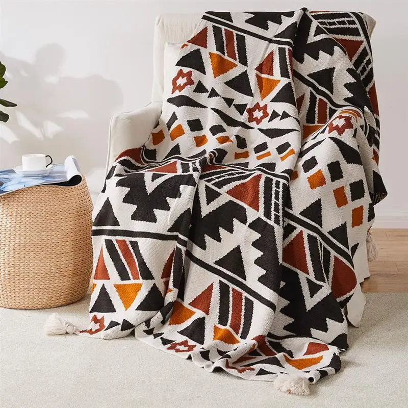 Geometric Pattern with Tassel Boho Blanket Knitted Throw Blankets for Couch Bed Sofa Car Office Camping Air Conditioning Blanket