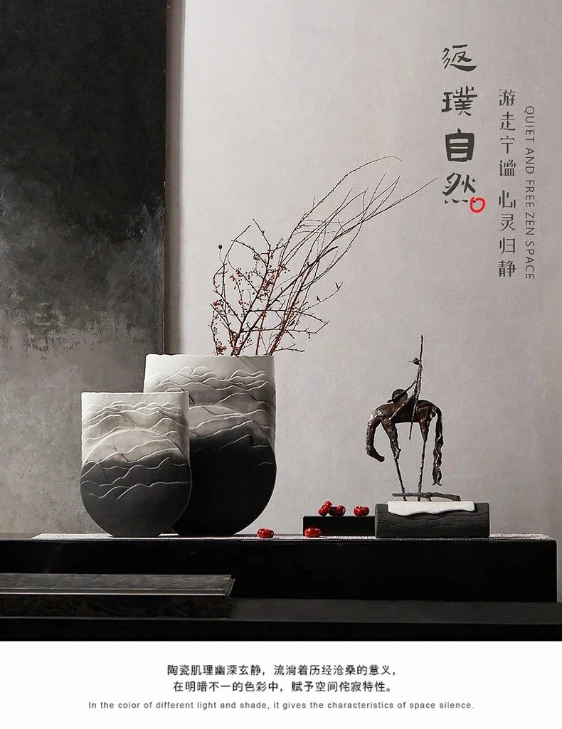 Zen New Chinese Ink Vase Entrance Living Room Flower Arrangement Model Room Ornament Home Jewelry Ceramic Moon Viewing Flower