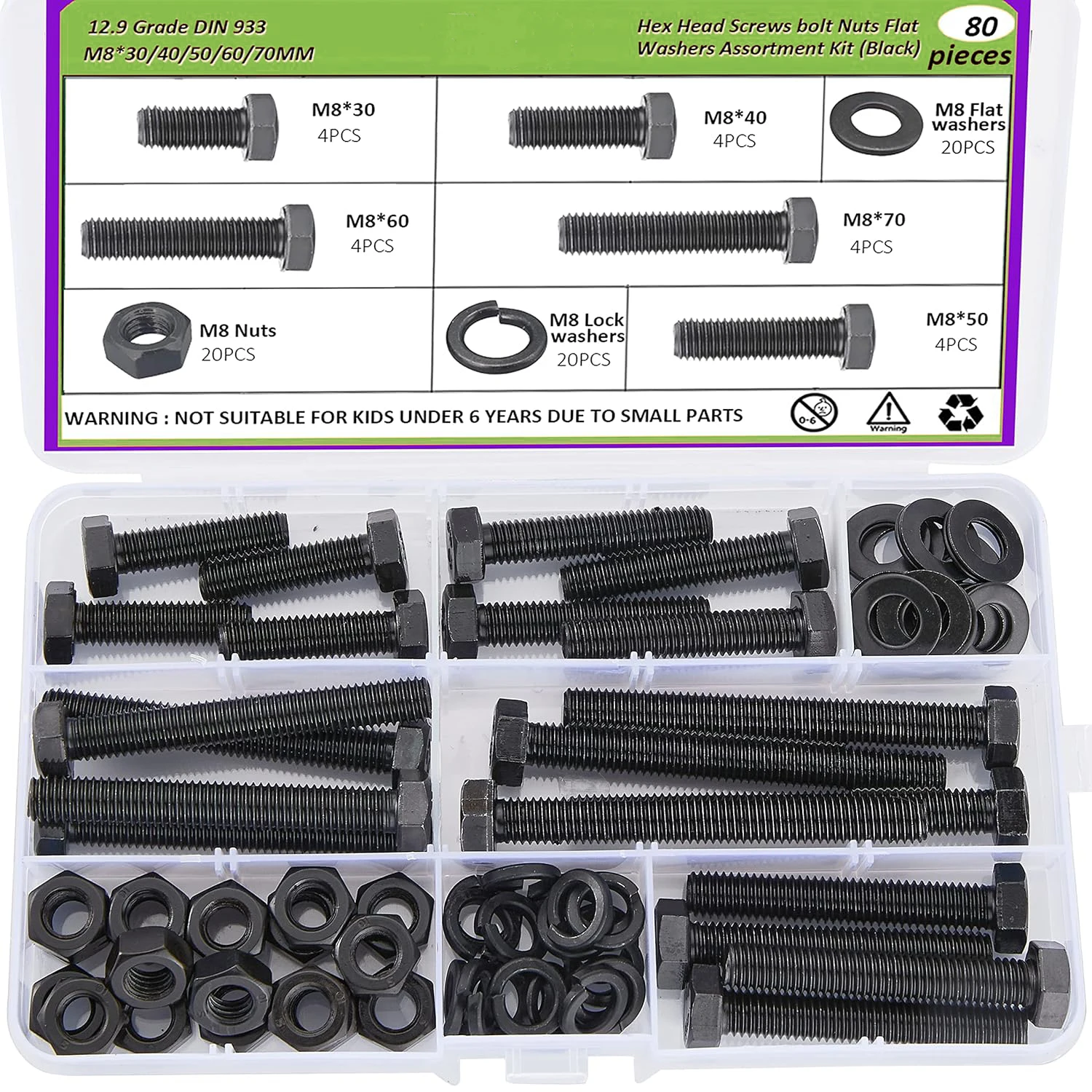 

80Pcs m8 x 1.25 Bolt Metric Nuts and Bolts Assortment 30mm, 40mm, 50mm, 60mm, 70mm, 20 Sets Black Full Thread Hex Head Bolts and