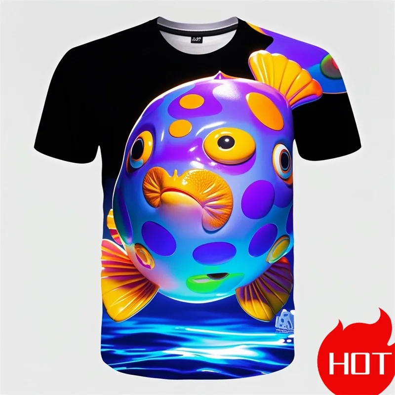 3D Print Cartoon Puffer Fish Graphic T Shirt For Men Women Summer Short Sleeve Large Size New In Tees Tops Mens Tshirts Clothes