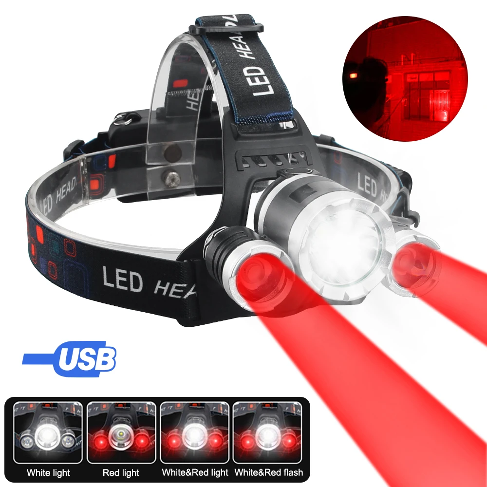 LED-Stirnlampe, Rot/Grün/Weiß/Lila, USB wiederaufladbar, leistungsstarker Scheinwerfer, Camping-Suche-Taschenlampe 90 ° Verstellbare Stirnlampe