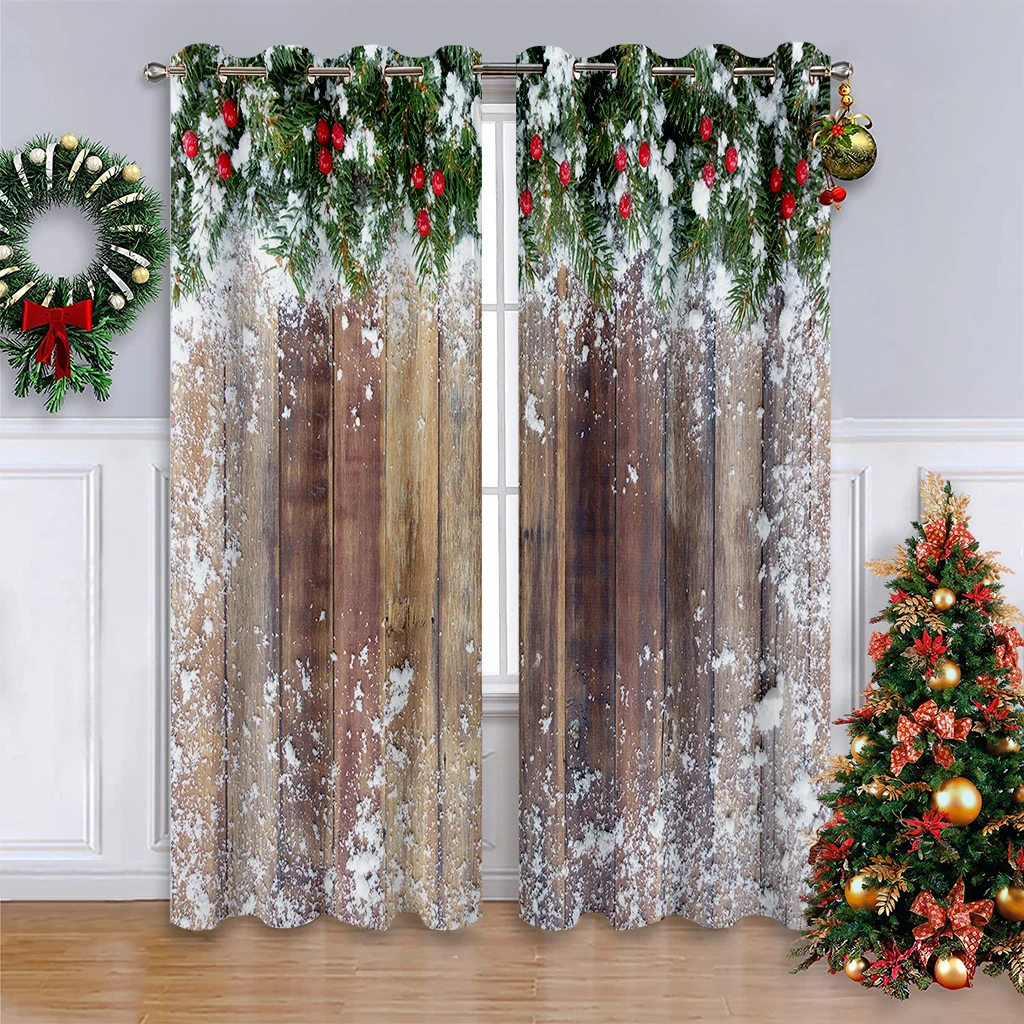 2pcs Curtains With A Vintage Wood Grain And Snowflake Print—Festive Christmas Decor For The Dining Room, Or A Gift For Children.