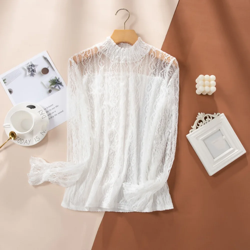 

Женский кружевной топ с цветочным узором, полупрозрачный, с высоким воротником, длинными рукавами, для пляжа и уличной моды