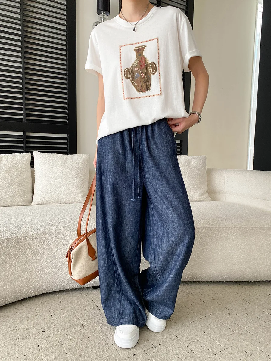 Sommerliches Damen-T-Shirt in einfarbigem Retro-Stil mit Vase-Stickerei, Rundhalsausschnitt, lockerer, schlank machender, vielseitiger Schnitt und kurzen Ärmeln. – Detail 16