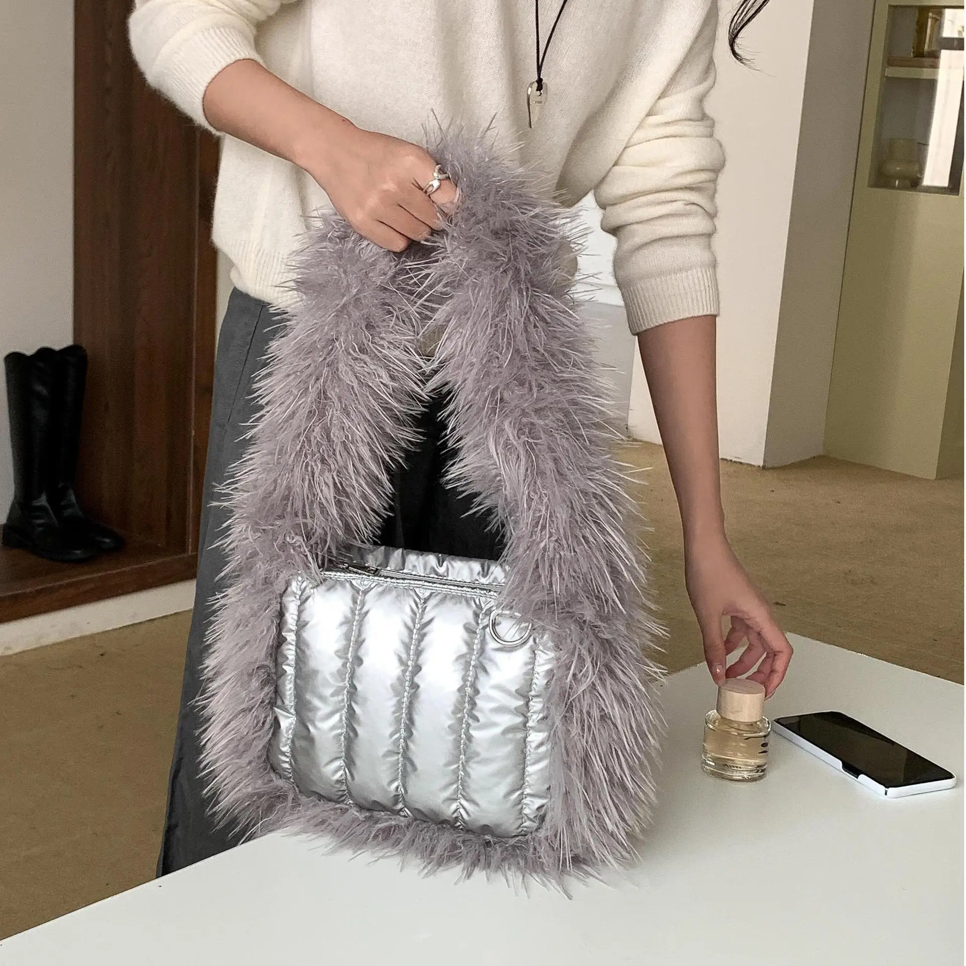 

FIRMRANCH Winter Warm Soft Light Plush Edge Design Women's Single Shoulder Square Bag Cotton Cloth Purse