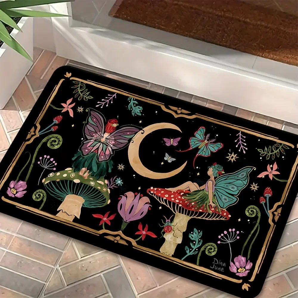 Magical Fairy Mushroom Moon Doormat Enchanted Garden Design Front Door Entryway Non Slip Durable Floor Mat Perfect Gift