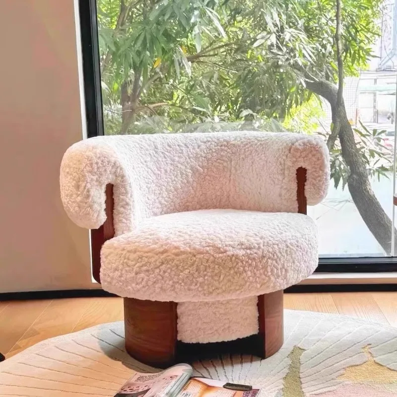 Cream swivel chair antique single sofa chair designer solid wood leisure chair rotating lazy living room bedroom