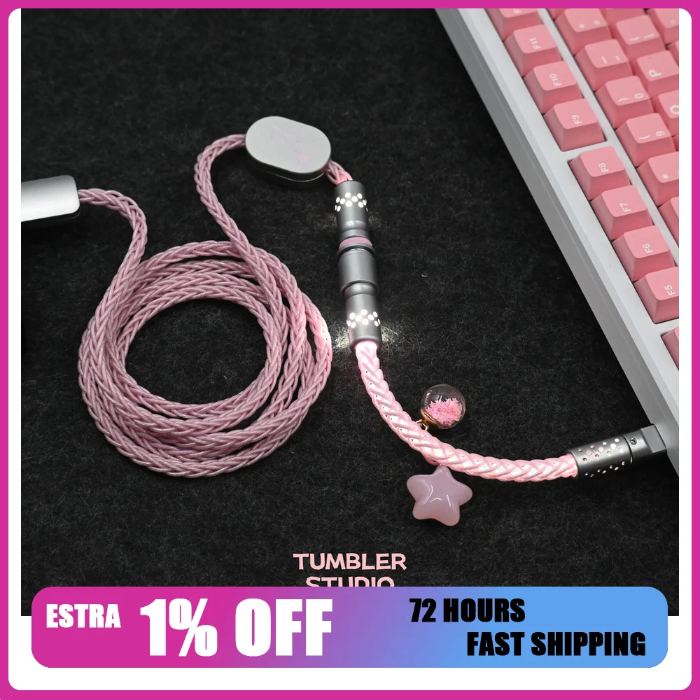Tumbler Studio Star Moon Theme Pink Lighting Single Crystal Copper Custom Mechanical Keyboard Aviator Cable Coiled Gaming Cord