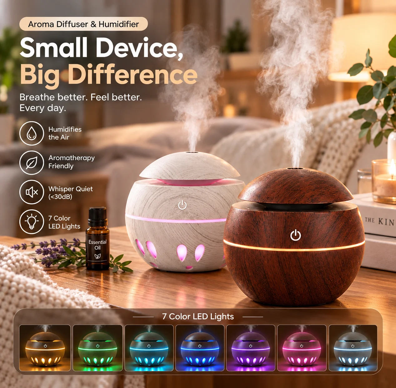 HONSUN Humidifier for Bedroom & Office, Wood Grain Essential Oil Diffuser with 7 Color LED Night Light, Portable Cool Mist Mini Humidifier for Desk, Quiet USB Aromatherapy Diffuser, Small Home Decor & Gift
