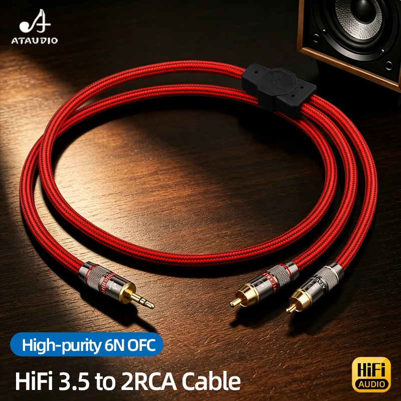 ATAUDIO HiFi 3.5mm to 2RCA Y‑Splitter Audio Cable High‑purity 6N OFC Conductor Gold‑plated Interconnect Wire for Amplifier
