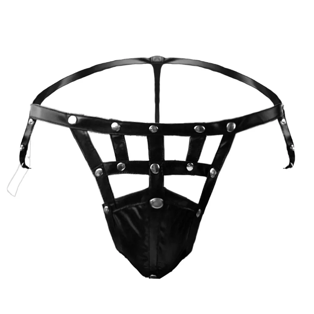 Men's Faux Leather Harness-Style Studded Thong, Erotic Cage-Style G-String Underwear