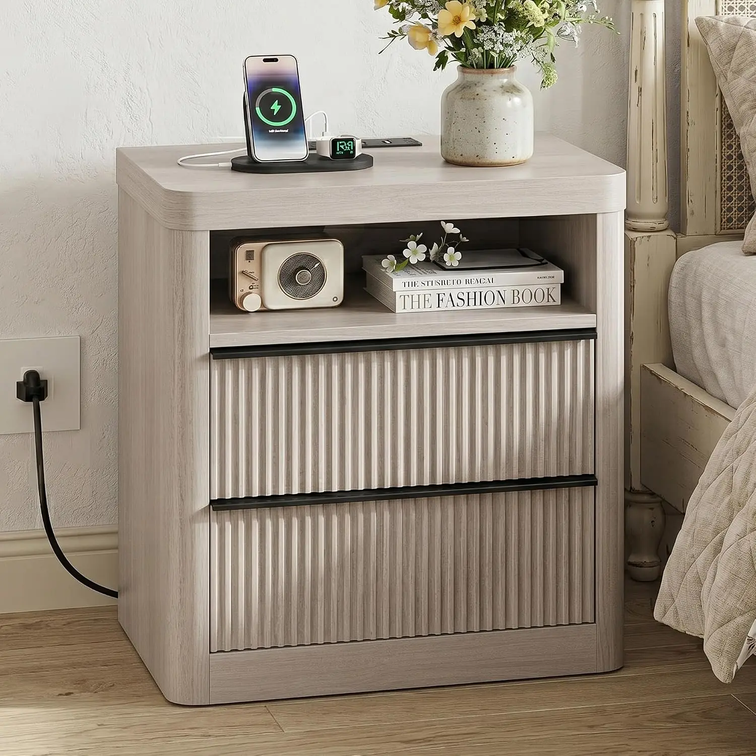 Mid-century Nightstand with Charging & USB Ports, Drawer Storage, LED Light, Bedroom Side Table, Wood, Customized
