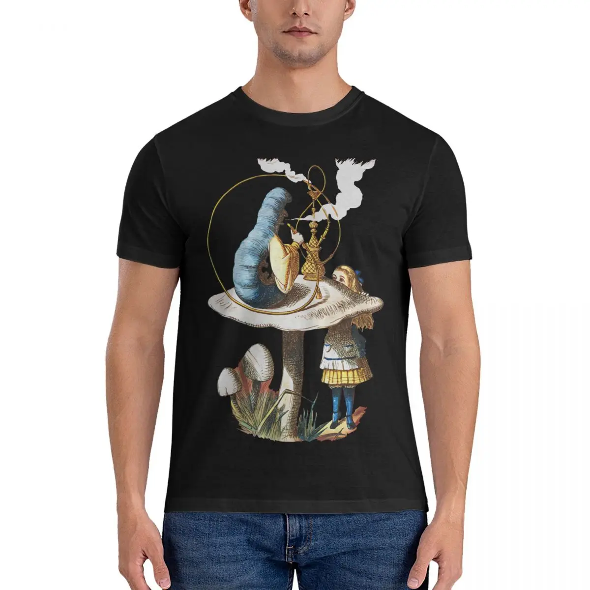 The Caterpillar T Shirts Men's Cotton Amazing T-Shirt Round Collar Disney Alice in Wonderland Film Tee Shirt Short Sleeve Tops