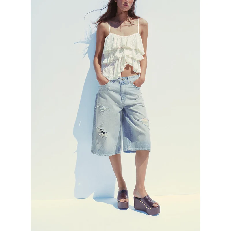 Été nouveau doux asymétrique dentelle garniture sangle décorative ronde Ne gilet conception originale coupe ajustée ort longueur fibre de Polyester