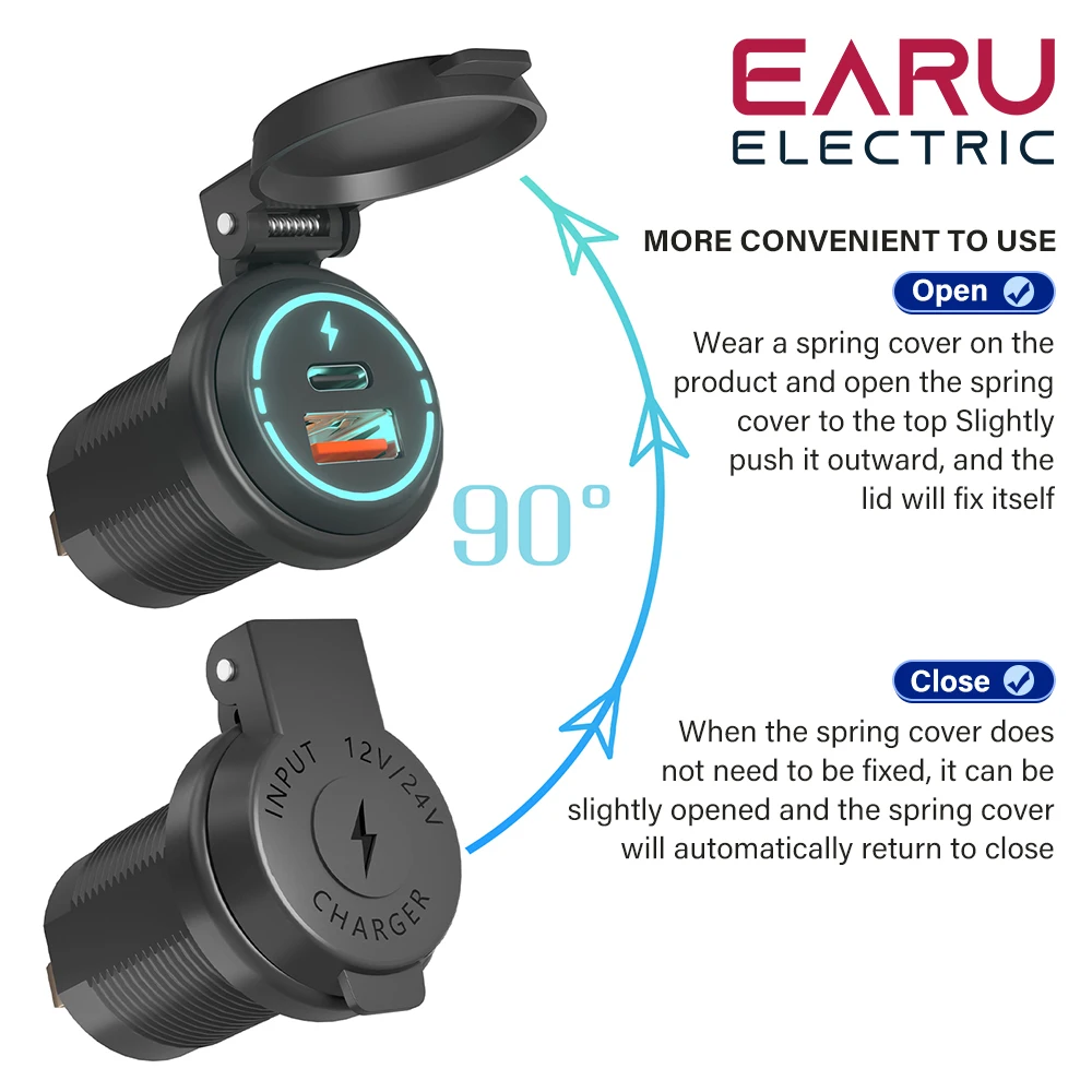 12V/24V Car USB Charger Socket PD Type C + QC 3.0 Power Outlet with Spring Cover Dual Ports Fast Charging for Motorcycle ATV RV