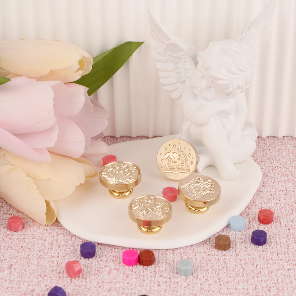 1pc Round Wax Seal Stamps Castle Firework Night Moon View Pattern 25mmRemovable Brass Head for DIY Invitation Greeting Cards