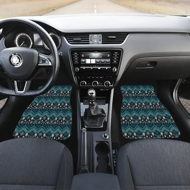 

Black & Teal Blue Ethnic Pattern Car Floor Mats Front Mats Only Set of 2
