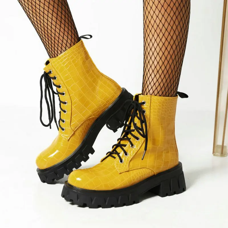 Sianie Tianie Green Yellow Womens Winter Shoes Crocodile Skin Pattern Thick Sole Platform Lace-up Woman Riding Ankle Goth Boots