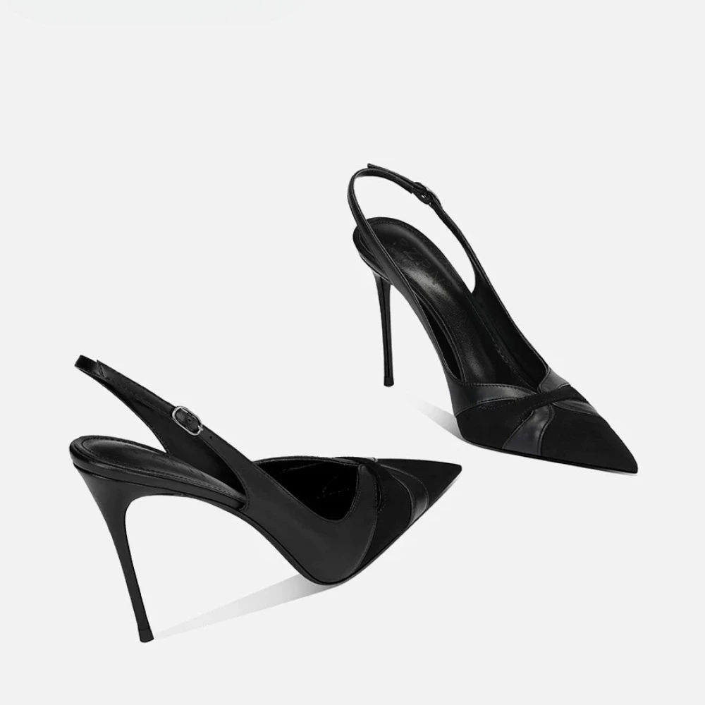 New pointed spliced velvet bread head sandals for women with slim heels and versatile back hollow high heels