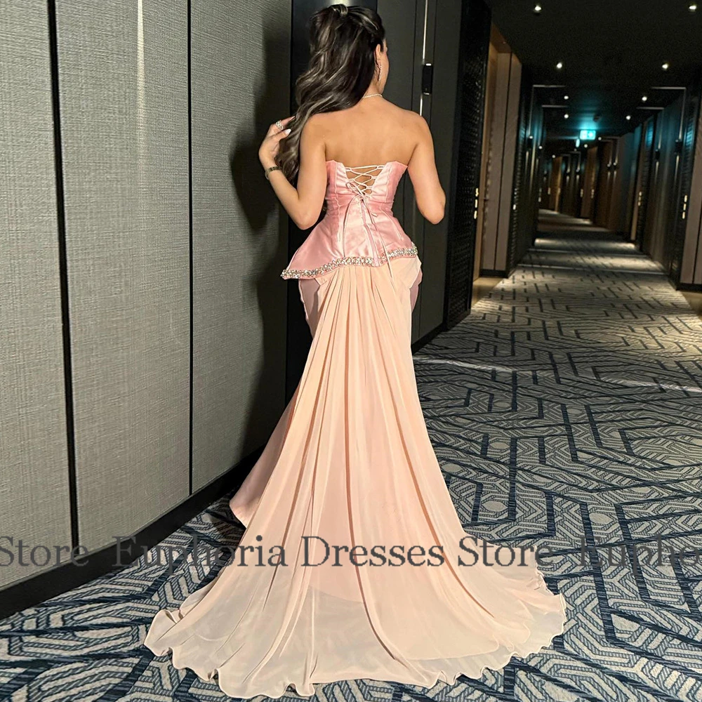 Dubai Luxury Prom Dresses 2025 Satin Mermaid/Trumpet Valentine's Day Dress Rose Pink Sweetheart Rhinestones Tailing Party Dress