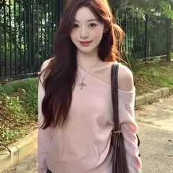 Pink Irregular Shoulder Women's Sweater Chic Korean Style Knitted Top for Initial Autumn Winter Fashion Casual Trendy