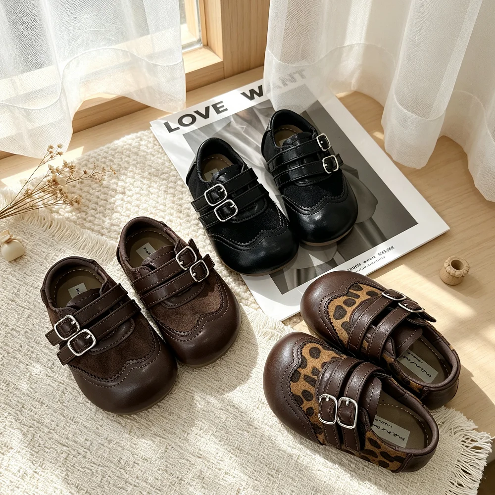 Toddler Girls Animal Print Leather Shoes 2026 New Quilted Mary Jane Flats Soft Sole Trendy Retro Style School Party Dress Up