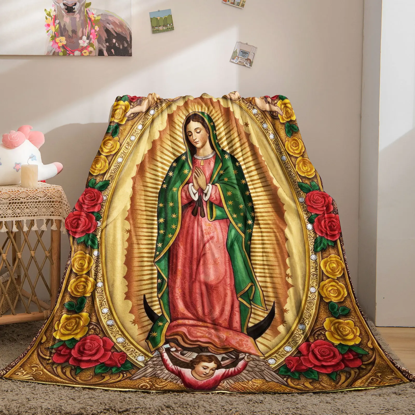 Our Lady of Guadalupe with Angels Roses Flannel Throw Blanket Virgin Mary Religious Warm Plush Blanket Religious Devotional Gift