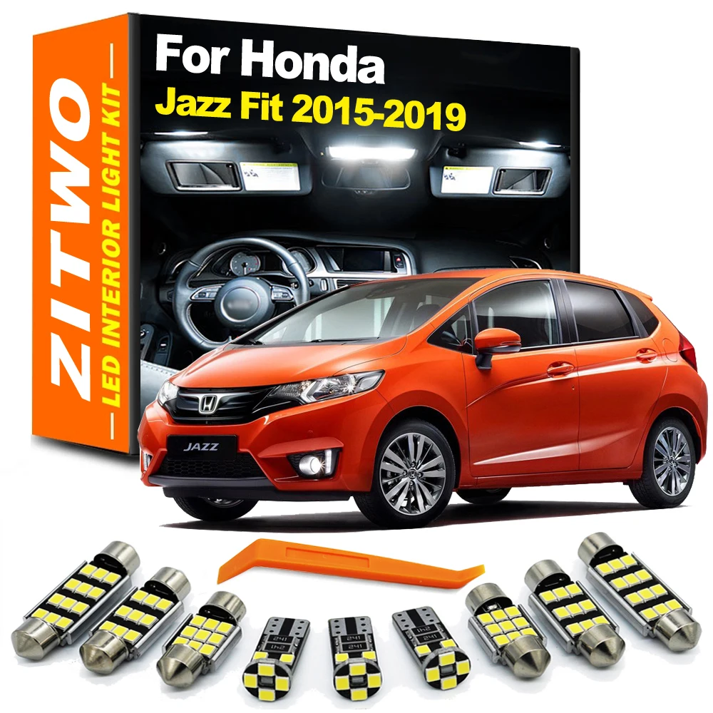 ZITWO-Juego de 9 bombillas LED para interior de coche, para Honda Jazz Fit 2015, 2016, 2017, 2018, 2019, luz LED para lectura interior, luz para maletero, luz para matrícula