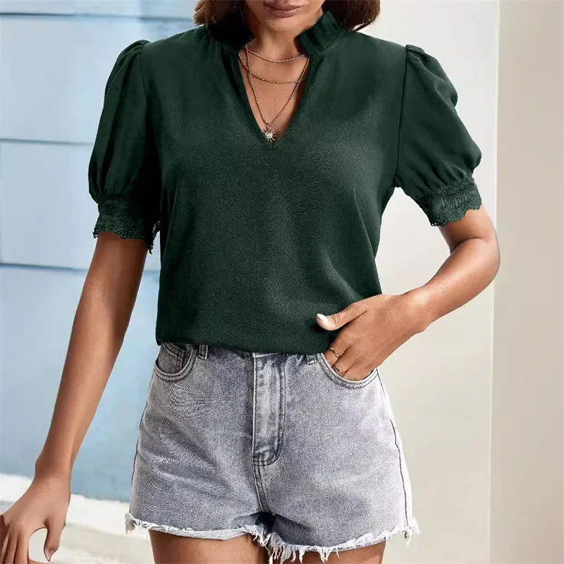Elegant Lace Splicing Lantern Short Sleeve Shirt Women Solid Color V Neck Pullover Blouse Female Comfortable Commuter Casual Top