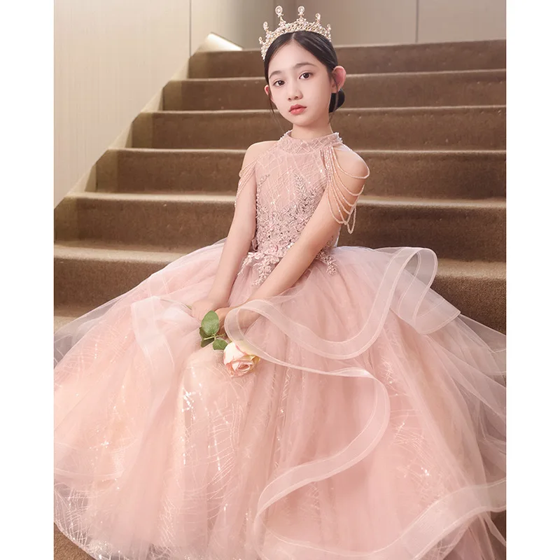 Formal Pink Bridemaid Dresses For Girls Evening Elegant Sequin Tulle Flower Princess Wedding Party Dress Birthday Prom Costume