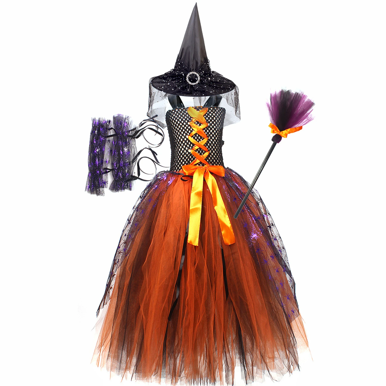 

Girl Witch Cosplay Costume With Witch Hat Broom Children'S Halloween Veil Dress Fluffy Dress Princess Birthday Party Dance Dress