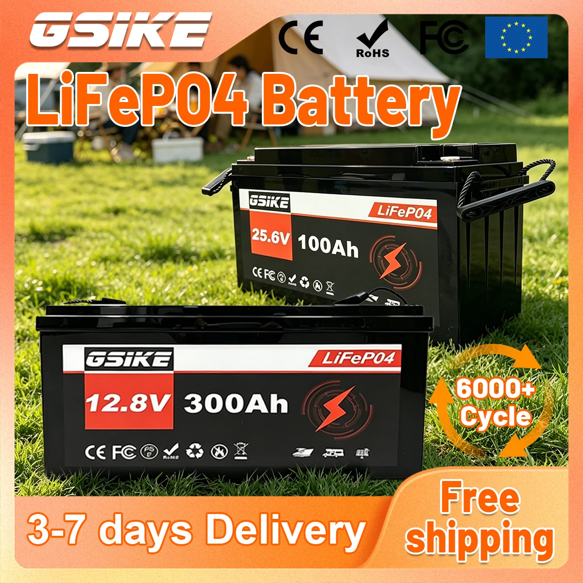US Stock GSIKE LifePO4 Battery 12V 24V 300AH 100AH Battery Packs Solar Lithium Battery Rechargeable BMS Grade A 6000+ Cycles 12.8V 25.6V Batteria For RV Campers Golf Cart Off-Road Solar Energy Storage TAX Free