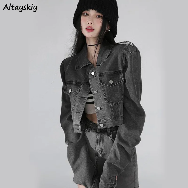 

Gray Denim Jackets Women Stylish Vintage Streetwear Cropped Jacket Spring Autumn Chic Female Baggy All-match BF College Hot Sale