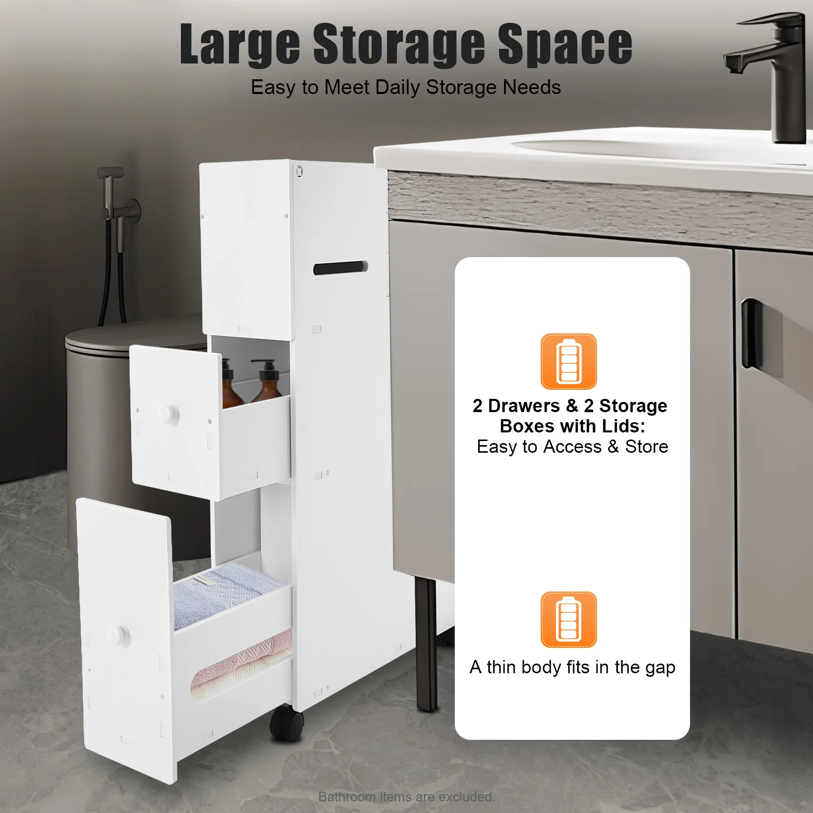 White Bathroom Storage Cabinet, Narrow Floor Storage Cabinet, Storage Cabinet with Drawers
