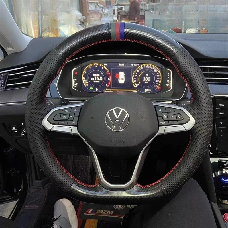 

100% подходит для Volkswagen Passat Golf 8R Tiguan B8 Sagitar, прошитый вручную чехол на руль автомобиля из углеродного волокна из натуральной кожи