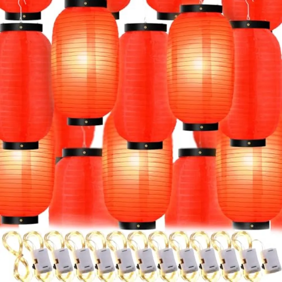 

24 Pcs Traditional Japanese Style Red Silk Hanging Lantern Set Including Paper Lanterns Japanese Decorations and Lights for Chi