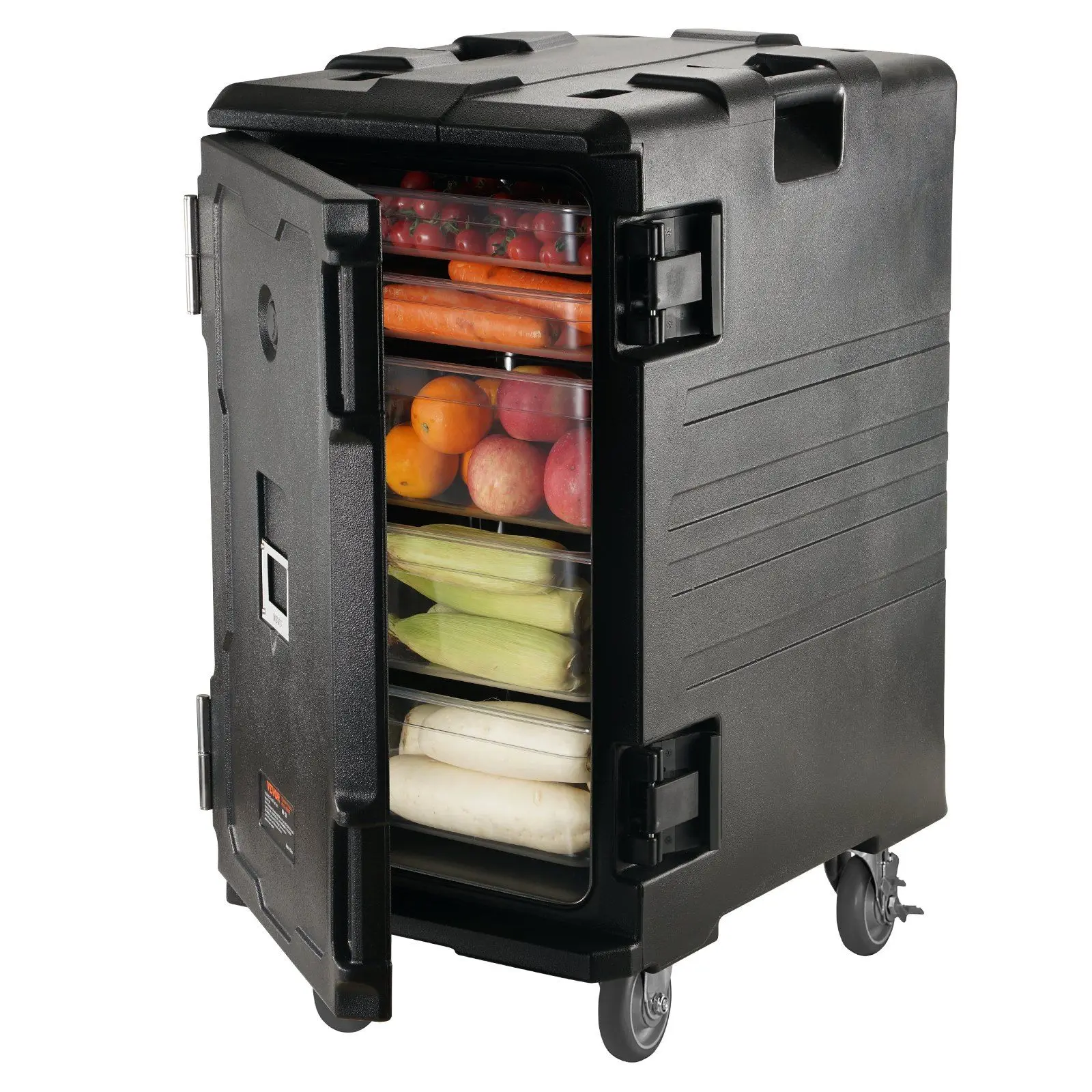 

109 Qt Insulated Black Food Pan Carrier Double Buckles Front Loading Food Warmer Handles End Loader Wheels For Catering