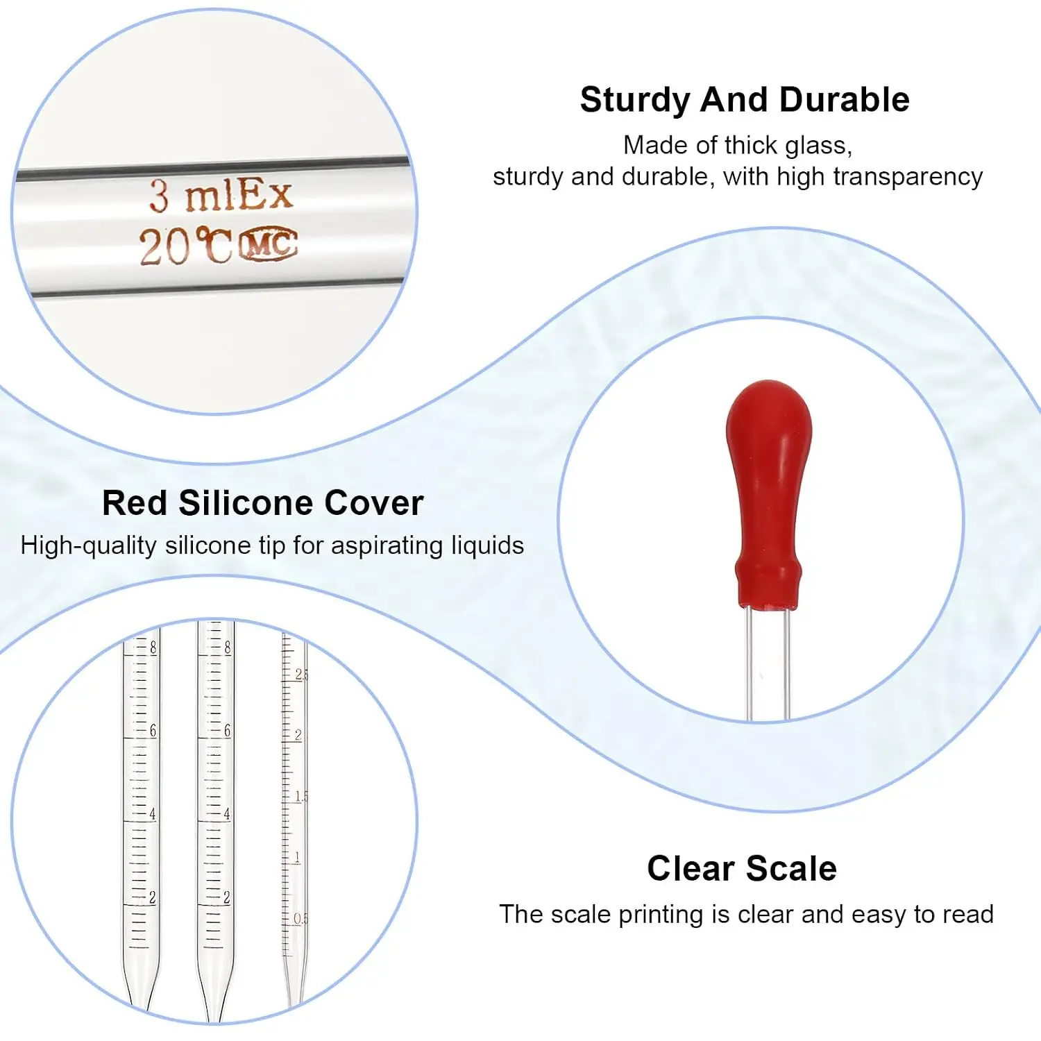 3Pcs Glass Pipettes Dropper 10ml Graduated Liquid Dropper with Rubber Bulb for Laboratory Medicine School Food Research
