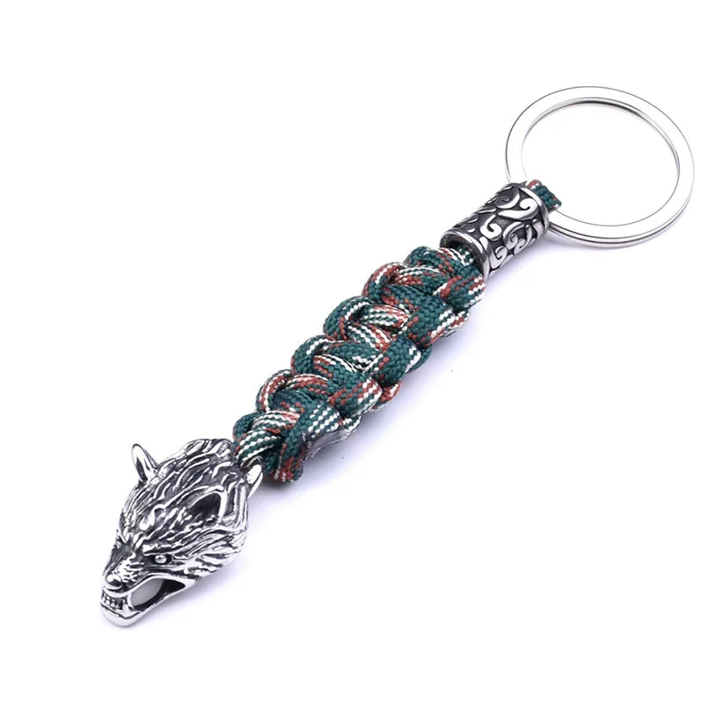 1Pc Stainless Steel Wolf Head Trinity Bead Diy Lanyard Viking Jewelry Survival Rope Keychain Handmade Womens Mens Paracord Ring