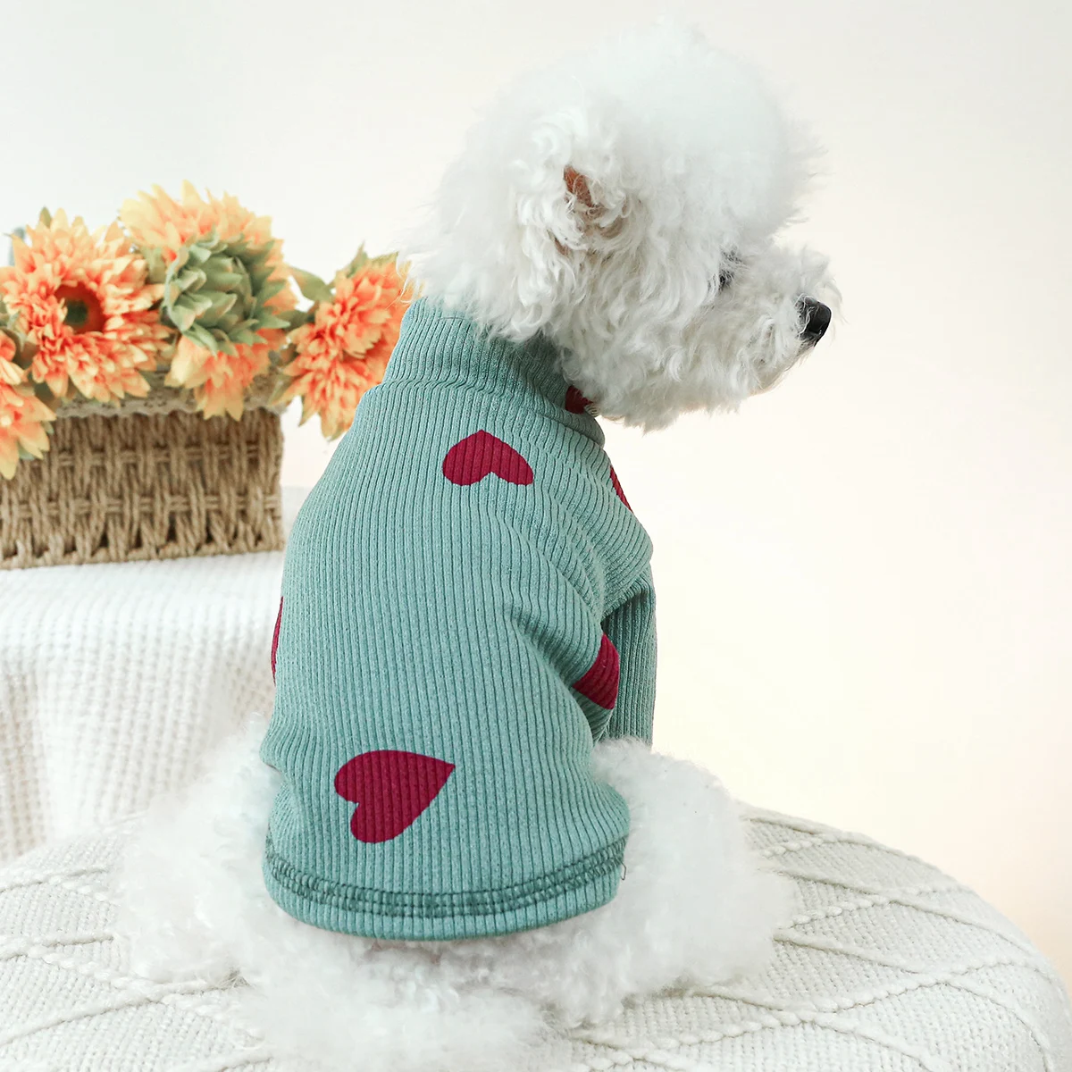 1PC Pet Clothing Dog Cat Spring and Autumn Thin Green Love High Neck Elastic Pullover Pajamas Home Clothes For Small Medium Dogs