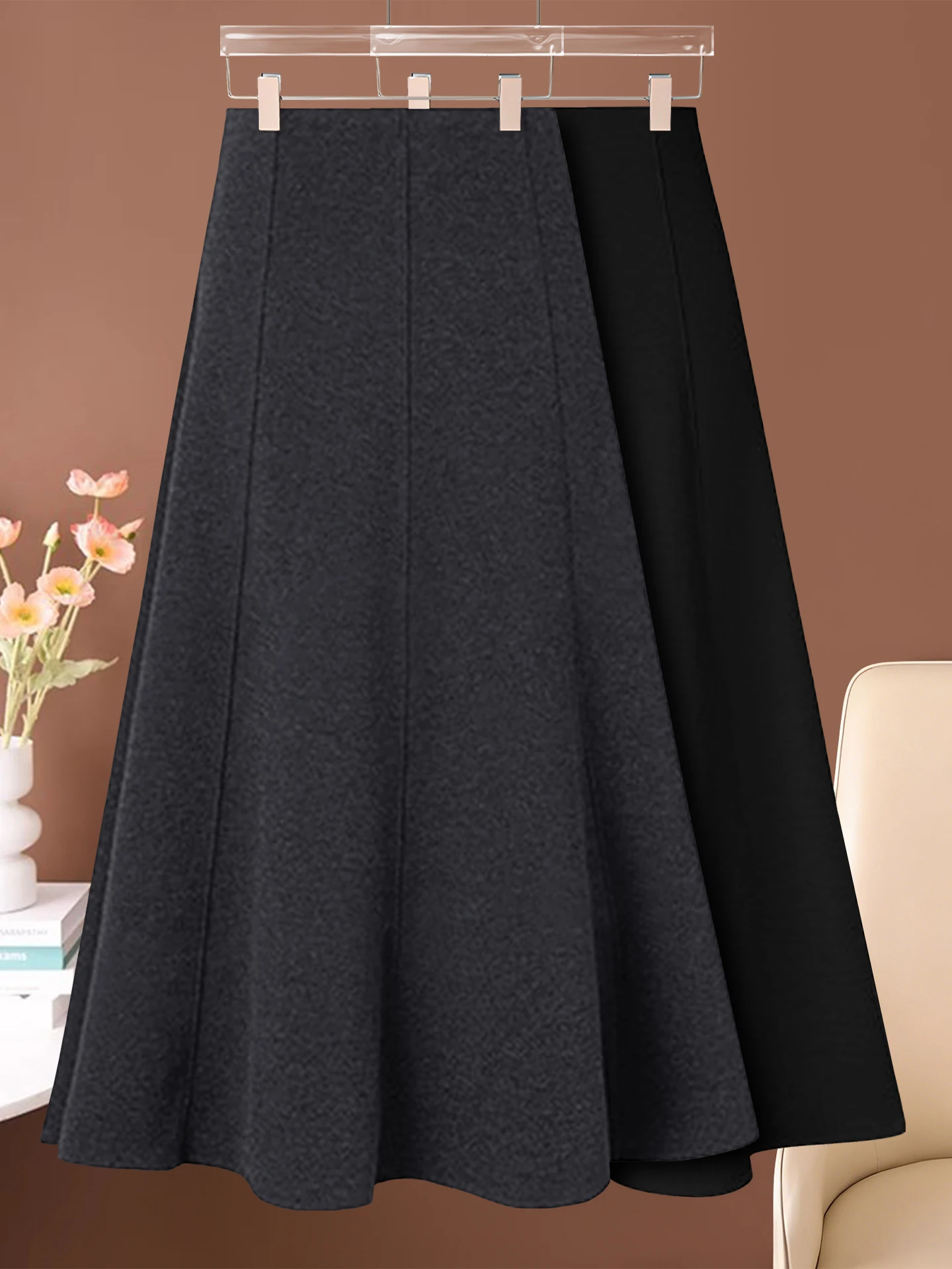 

Женская шерстяная юбка А-силуэта с высокой талией, осенне-зимняя, больших размеров, на флисовой подкладке, средней длины, расклешенная, в корейском стиле, стройнящая