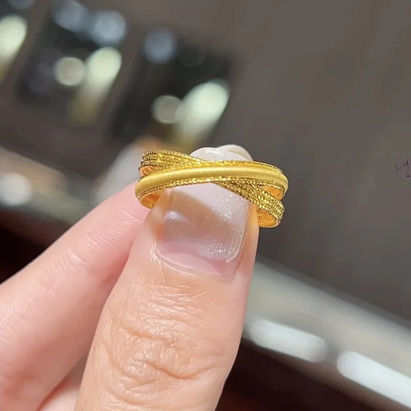 

9999 24K real gold live cross brushed ring fashion trend high-end light luxury personality versatile ring jewelry