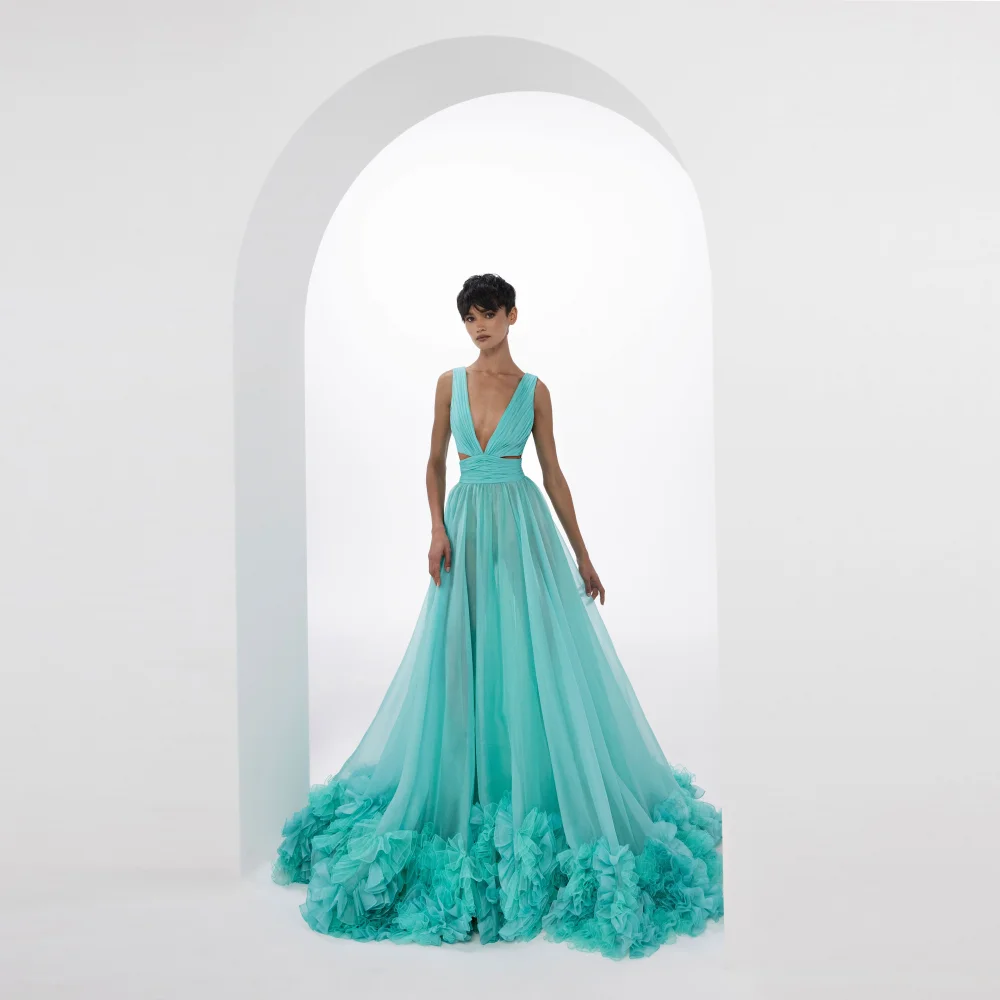 

2025 Elegant V Neck Long Prom Gowns Lush Pleated Elegant V Neck Long Prom Gowns Lush Pleated Aqua Blue Ruffled Maxi Dresses
