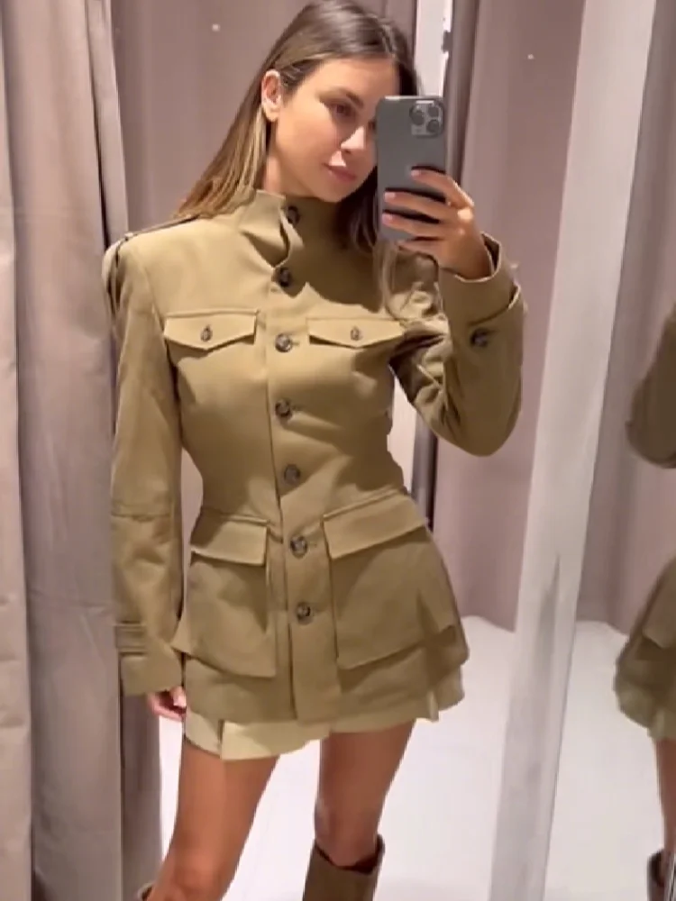 

Solid Stand Collar Single Breasted Jackets Women Elegant Big Pockets Waist Cinching Coat Lady Early Autumn Chic Casual Outwear